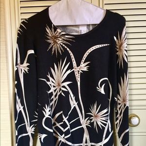 Festive Black/White Floral Sweater w/ Bronze Beads